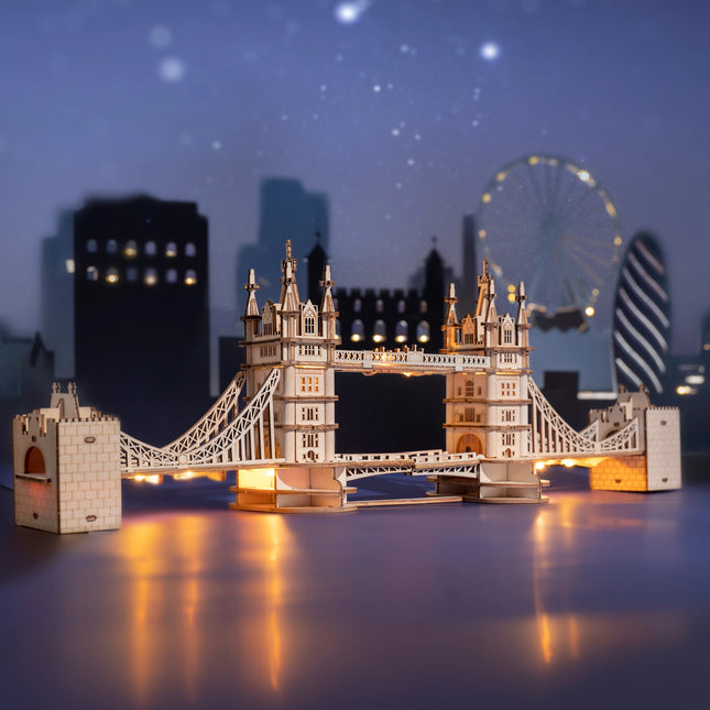 Rolife DIY Wooden 3D Puzzle Tower Bridge Model Building Kit Brain Teaser Puzzle Toy with LED Light for Home Decor Gift for Adult