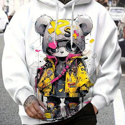 2025 Autumn Men's New Cartoon Cool Bear Printed Soft and Comfortable Hoodie Outdoor Urban Street Style Clothing