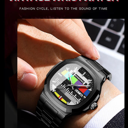 BINBOND Creative TV Dial Men's Watches New Fashion Original Retro Design Luminous Quartz Wristwatch For Men With Calendar Week