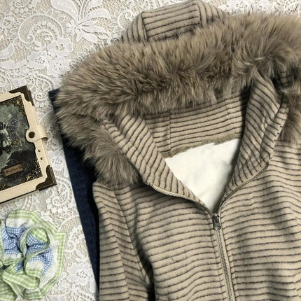 Punk Coat Y2k 2000s Vintage Faux Fur Collar Hoodie Zip-Up Woman Sweatshirts Goth Stripe Hot Girl Coat Winter Jackets Hip Hop Emo