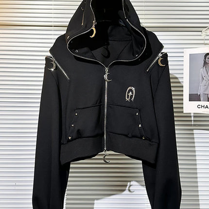 Y2K Subculture Dark Style Hot Girl Hooded Sweatshirt Jacket for Women Autumn Winter New Zipper Off-Shoulder Loose Top