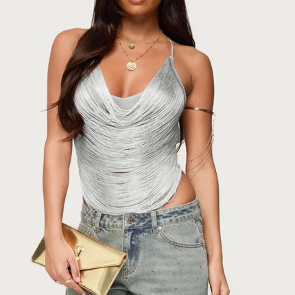 Women's Fringe Trim Halter Top Sexy Sleeveless Backless Asymmetrical Hem Tassel Cropped Party Tank Tops
