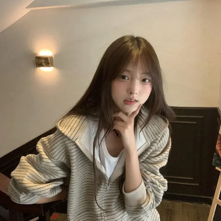 Y2K Vintage Zipper Hoodie Women Long Sleeve Subculture Purple Stripe Priint Harajuku Style Autumn Spting Casual Tops Streetwear
