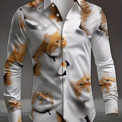 New men's fashionable 3D animal printed shirt with casual long sleeves and floral button design, fashionable shirt top