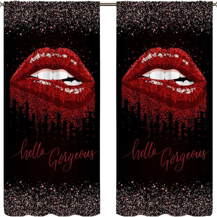 Lips Curtains, Retro Comic Pop Art Girl Applying Red Lipstick Makeup Concept Halftone Background Blackout Rod Pocket Curtains