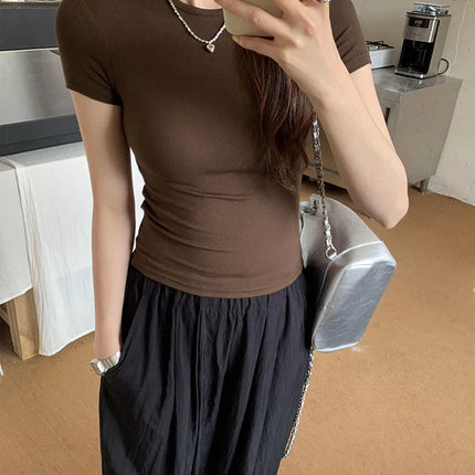 Basic Solid Crop Top Short Sleeve Crewneck Skinny T-shirt Summer Casual Tee for Women y2k Vintage Top Harajuku Streetwear