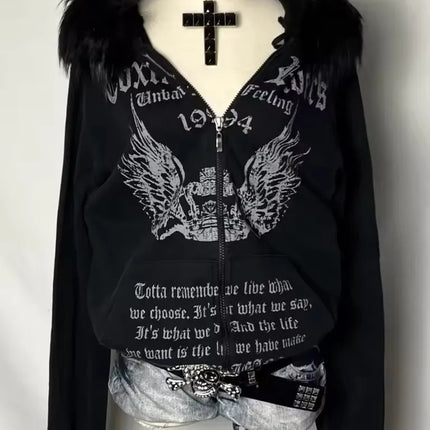 Hip Hop Harajuku Black Gothic Fur Collar Zip Up Hoodie Women Punk Y2K Street Retro Wings and Crown Print Fur Collar Loose Hoodie