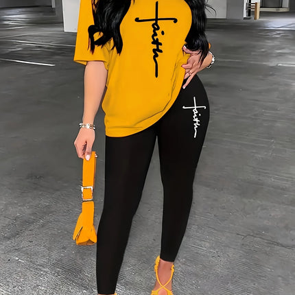 Women's Sports Outfit Set, Plus Size Abstract Figure Print long Sleeve T-shirt Top & Medium Stretch Comfy Pants Fitness Outfit