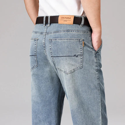 2026 Summer Brand Men's Cotton Lightweight Straight Leg Loose Jeans Classic Pocket Business Casual Mid High Waist Office Pants