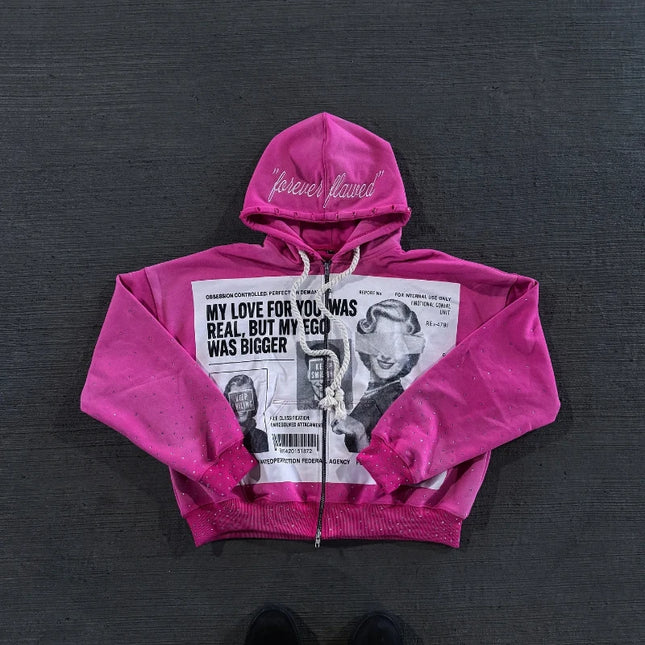 Vintage Portrait Letter Printed Funny Long Sleeve Loose Zipper Hoodies Y2K Autumn Winter Fashion Hip Hop Punk Grunge Casual Coat