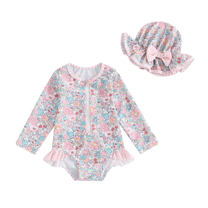 MISOWMNJOY Ruffle Floral Print Baby Girls Beachwear Summer Rash Guard Swimsuit Long Sleeve Bathing Suit Infant Swimwear with Hat