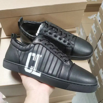 CL Red Bottom Fashionable Embroidered Men's Fur Slip-On Shoes, Black Casual Cross-Border Leather Upper, All Seasons Wear