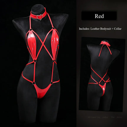 Sexy Lingerie Bodysuits Erotic Crotchless Leather Jumpsuit Nightgown Porn Sexy Underwear Costumes Lingerie Leashes Bundle Set