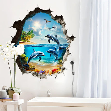 3D Wall Breaking Wall Stickers Living Room bathroom Wall Decor Boys Children's Room Underwater World Wall Stickers
