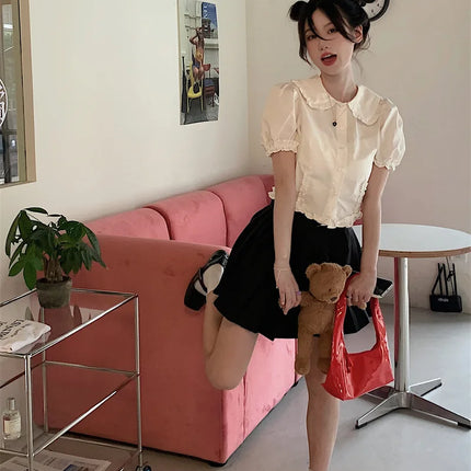 White Doll Collar Bubble Sleeve Shirt Women's Summer 2025 New Design Sweet Short Style Top Polyester Fabric Pure Color Fresh...