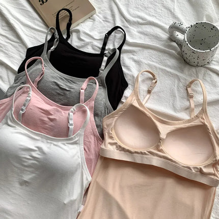 2020 Women Solid Tank Tops Adjustable Strap Built In Cup Padded Wireless Camisole Camis Vest Female Home Basic Tank Top