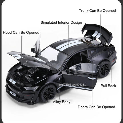 1:18 Mustang GT500 Accord Alloy Cars Diecast Models Toys 4 Doors Opened with Sound Light Pull Back Vehices Kids Birthday Present