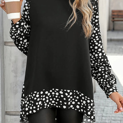 Plus Size Polka Dot Top with Panel Design Elegant Black Long Sleeve Blouse for Vacation Chic and Versatile Casual Wear
