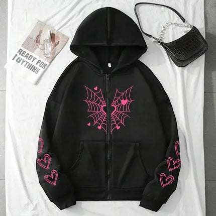 2025 Hot Sale Women's Hoodie Cute Spider Web Heart Print Zip-up Sweatshirt All Season Female Urban Casual Fashion Hooded Jackets