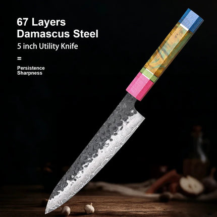 5 inch Japanese Petty Knife Hand Forged Damascus Steel Chef Kitchen Utility Knife Cooking Tool Paring Knife Colored Wood Handle