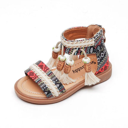 Girls Sandals Ethnic Retro Children Fashion Casual Shoes Tassels 2024 Back Zipper Summer New Sandals Kids Pattern GLADIATOR Cute