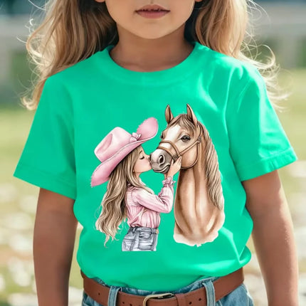 Girl Clothes Cute Girl Kisses Horse Print Summer Short Sleeve Casual Loose Kids Tops Outdoor Girls T-Shirt Children's Clothing