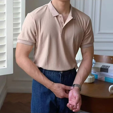 Vertical Stripe Knit Polo Men's Shirts Summer New Slim Solid Color Breathable Turn-Down Collar Business Short Sleeve Polo Tops