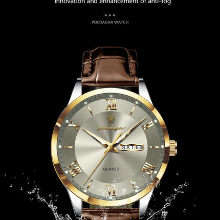 POEDAGAR Original Luxury Men's Wristwatch Leather Date Week Quartz Fashion Men Watch Waterproof Luminous Classic Watches For Men