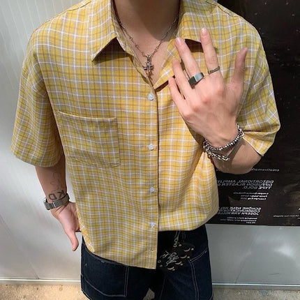 American Retro Plaid Shirt Men's Short Sleeve Summer Casual Trendy Ice Silk Men's High Fashion Brand Handsome Coat