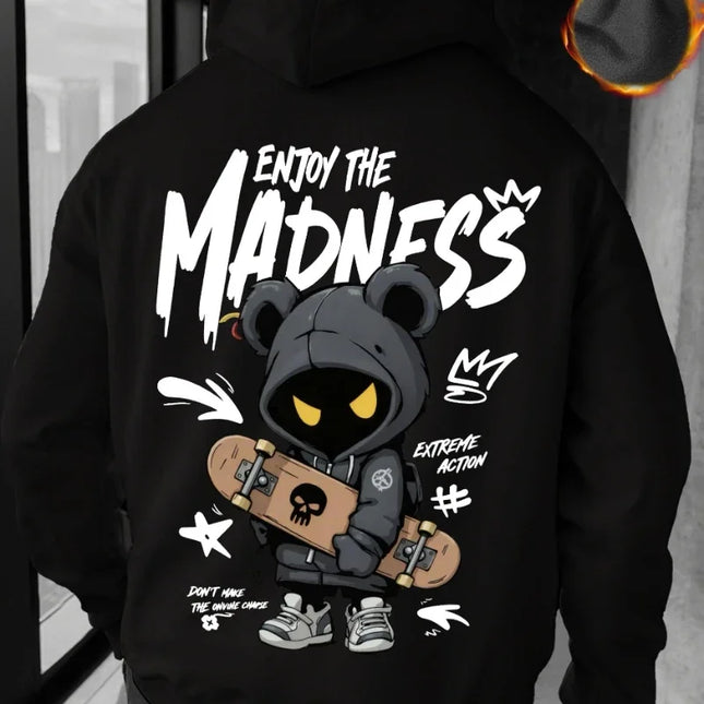 2026Autumn and Winter Men's Casual Street Hooded Sweatshirt-Hand-painted Cartoon HumanFigure Letter Pattern Printed Hooded Shirt