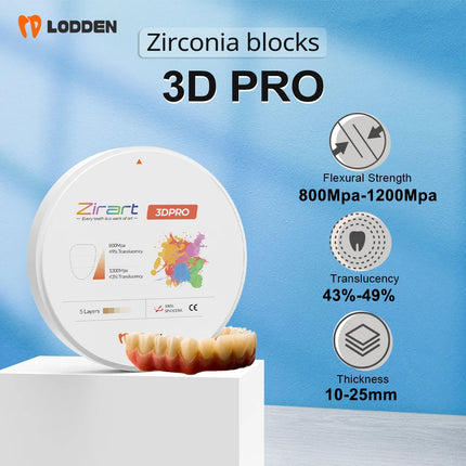 LODDEN 3D Pro Multilayer Zirconia Block Dental Lab CAD CAM Open System 98x10-25mm 43-49% High Strength Zirconia Vita16