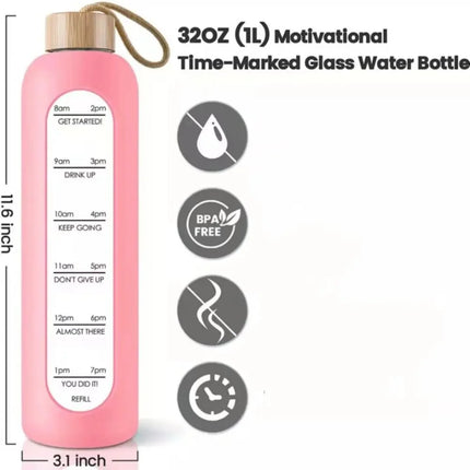 New 32oz 1L Time-marked Glass Water Bottles Bamboo Lid Free of Lead Motivational Sport Silicone Sleeve Portable Drink BottleGift
