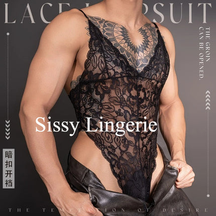 Sissy Lingerie Floral Lace Bodysuit Men's Sexy See Through Unitard Leotard Male Sleeveless Tshirt Undershirt Gay Club Nightwear