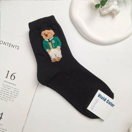 Cute Trendy Cartoon Bear Mid-Calf Cotton Socks for Women Casual Sweater Adult Female Bear Socks Comfortable Breathable Home Wear