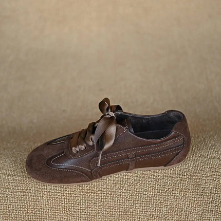 Suede Retro Lace Up Casual Flat Shoes Women Comfort Shallow Autumn Footwear Female Brown Genuine Leather Ballet Sneakers Women