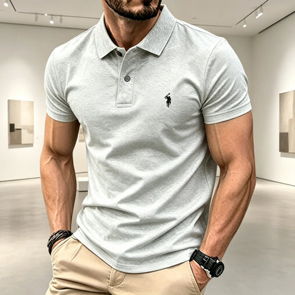 Men Solid Color Polo Shirt Regular Fit Business Casual Short Sleeve Tops With Small Horse Embroidery Chest Print