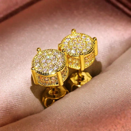 Luxury Gold Color Round CZ Stud Earrings Hip Hop Zircon Stud Earrings Piercing Ear Accessories Hiphop Trend Jewelry