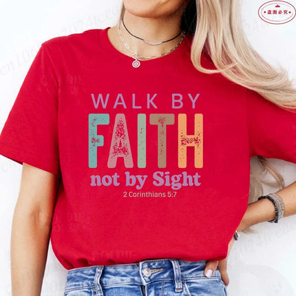 Walk By Faith Not By Sight 2 Corinthians 5:7 T-Shirt Retro Christian Graphic Tee for Women Aesthetic Summer Short Sleeve Clothes