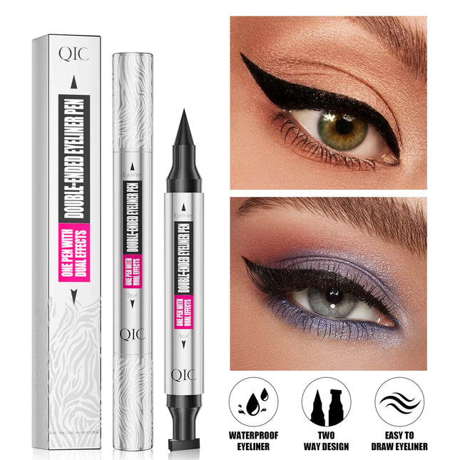 QIC Dual-Tip Eyeliner Stamp Pen - Waterproof, Quick-Dry, Long-Lasting & Smudge-Proof for Beginners, Natural Look with Black