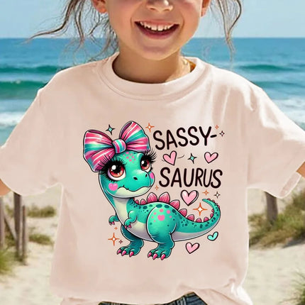 Girls' Kawaii Cartoon Dinosaur Graphic T-Shirt Cute Pink Bow Hearts Print T-Shirt Kids Short Sleeve Tee Y2k Children's Clothing