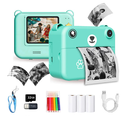Kids Camera Instant Print Toy Portable Small Camera With 32G Memory Card ,3 Rolls Printing Paper, Gift For Boys And Girls