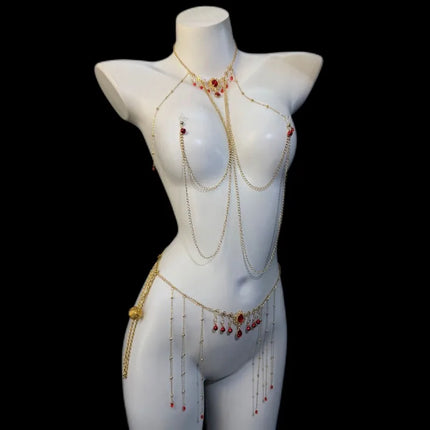 Red Gem Nipple Clamps Body Chain Integrated Breast Clips Bell Pendants Sensual Body Restraint Sexy Accessories  Adult Sex Toys