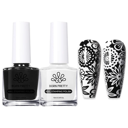 BORN PRETTY 2Pcs/Set 10ML Black White Nail Stamping Polish Varnish Gold Silver for Nail Art Plates Stamp Oil Stamping Series