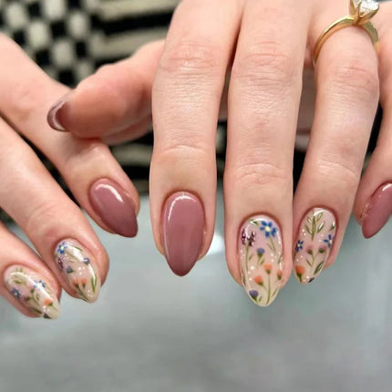 Fresh Flower 24 Pcs Press on Nails Pink Nail polish Glossy Artificial Finger Manicure Reusable False Nails for Women