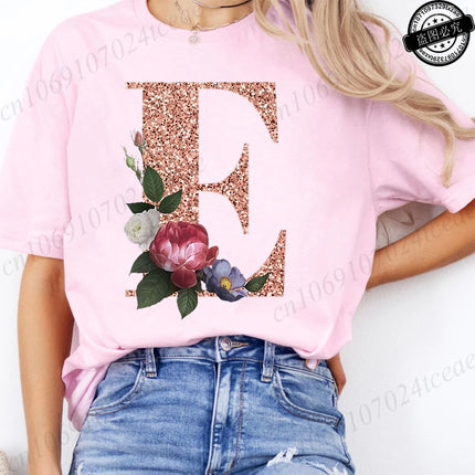T Shirt for Women Clothing Summer Short Sleeve Tee shirts Rose Gold Letter A~Z Printed Graphic Tops Female T-Shirts Clothing
