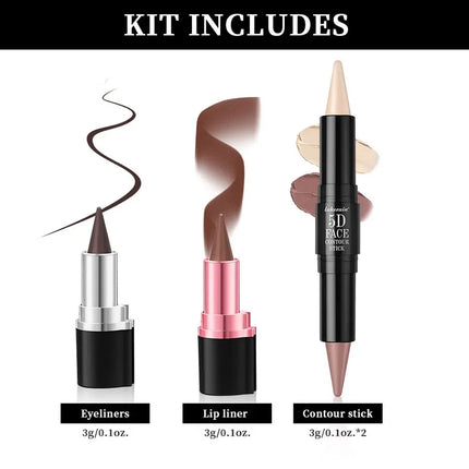 5D Perfect Makeup Set With Contouring Stick Eyeliner And Lipstick Easy Coloring Sweat-proof Long Lasting Daily Makeup Set