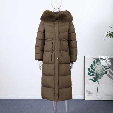 Women's Winter Long Down Jacket With Hood Drawstring Waist Fur Collar Zipper Quilted Padded Jackets 2026 Warm Parka Outwear