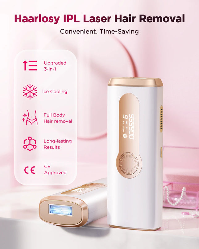 IPL Laser Hair Removal Device, Ice-Cooling, 3-in-1, Painless, 16J Photoepilator, Permanent Whole Body Home Treatment for Men and Women