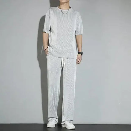 Men's Wrinkled Ice Silk Sports Set 2026 Summer New Short sleeved Long Pants Two piece Set Fashionable Breathable and Cool