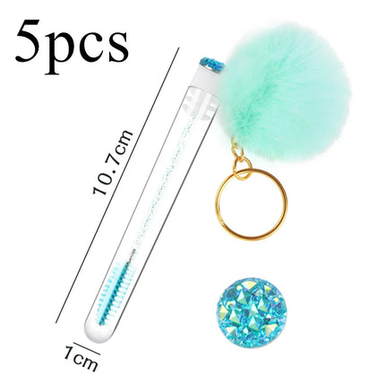 5pcs Gold Keychain Tube Eyelash Brush Eyebrow Comb Microbrush Lash Extension Micro Brushes Makeup Tool Fluffy Fur Ball Decorate